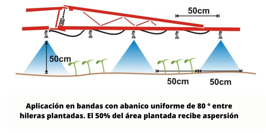 Figura 1: Aplicación en bandas con abanico uniforme de 80 ° entre hileras plantadas. El 50% del área plantada recibe aspersión
