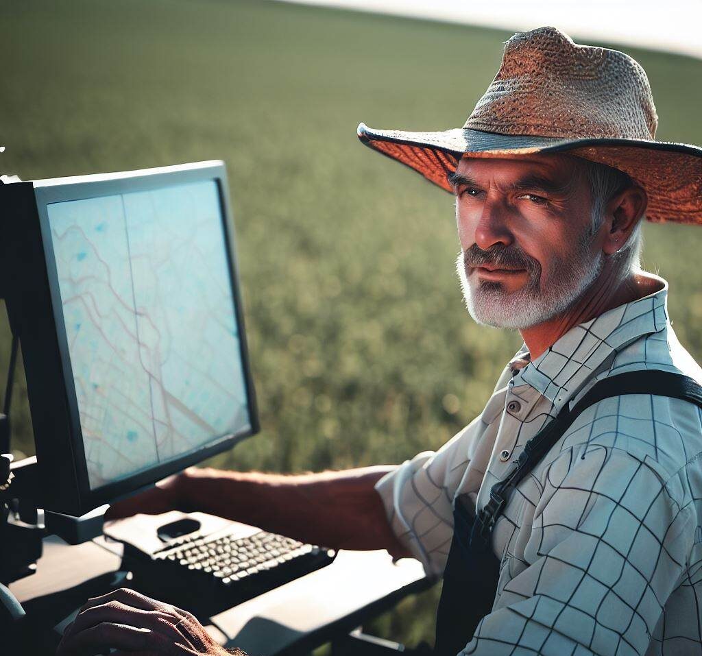 agricultor analizando un mapa digital en una computadora
